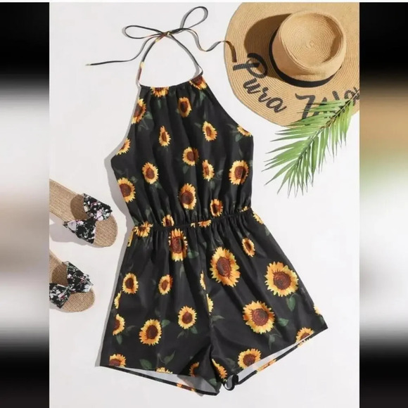 SHEIN Tied Backless Sunflower Print Halter Romper Size Small NEW - Picture 1 of 15